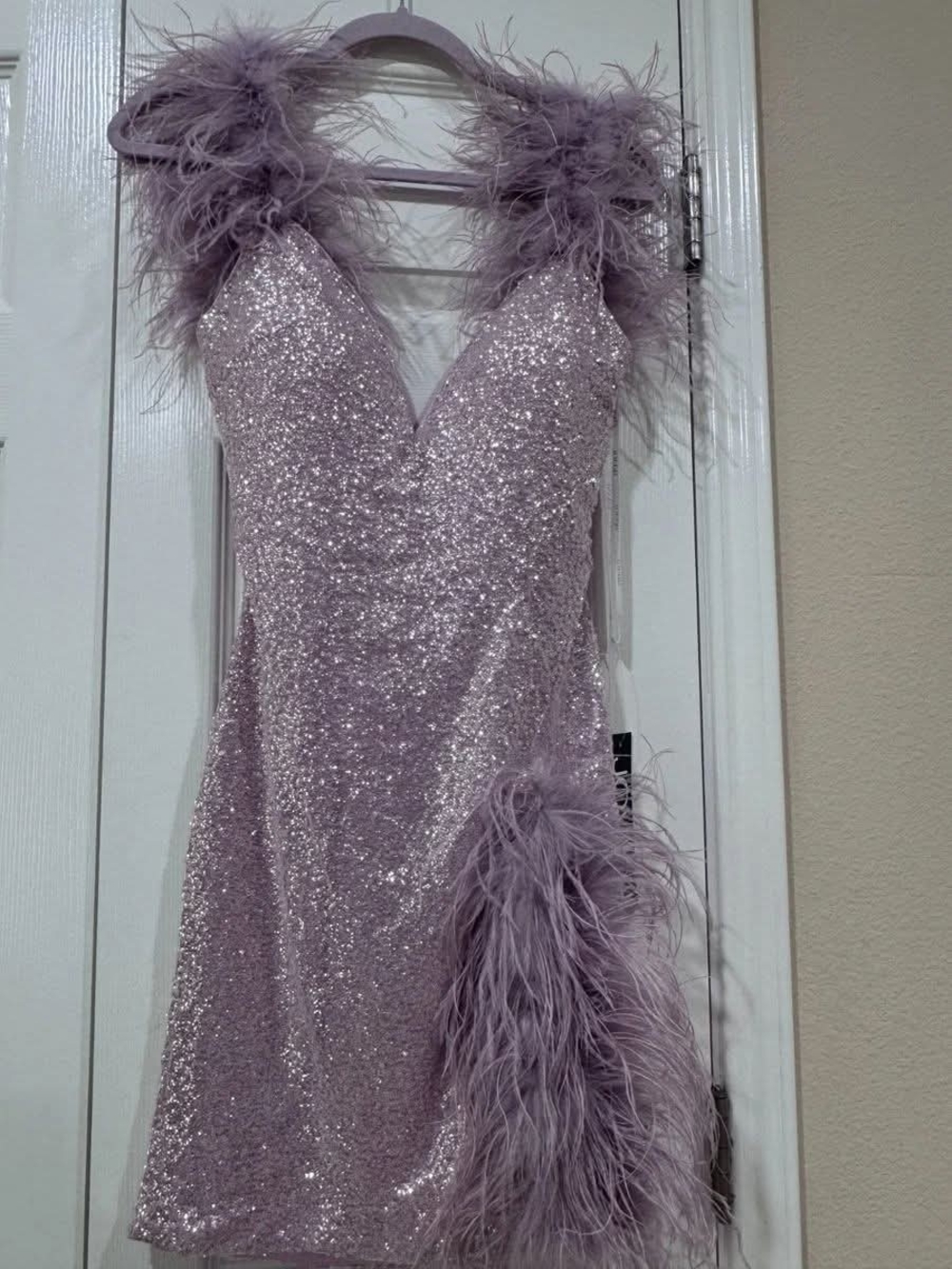 JVN by Jovani Lilac Sequin Feather-Trim Mini Dress